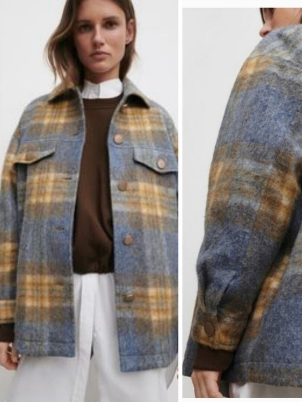 Zara Wool-Blend Plaid Shacket Jacket in Blue & Tan Size S